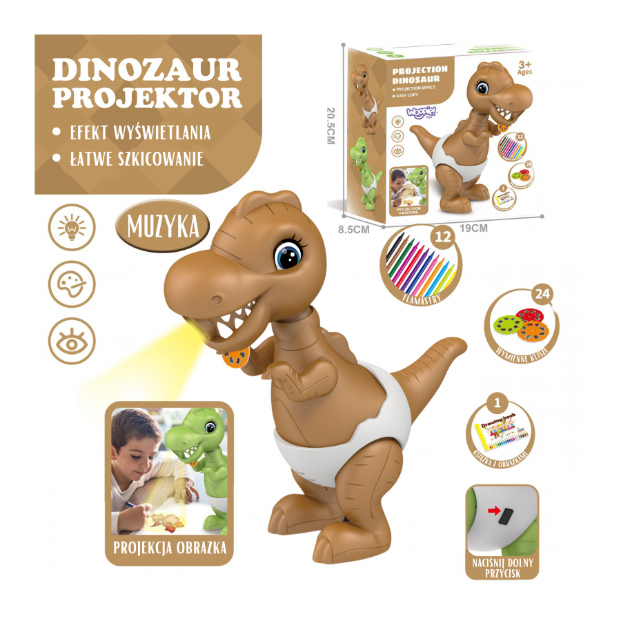 Dinozaur z projektorem do rysowania + flamastry / Woopie