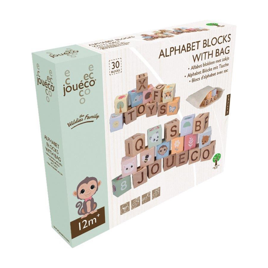 Drewniane klocki alfabet z torbą 30 el. The Wildies Family / Joueco