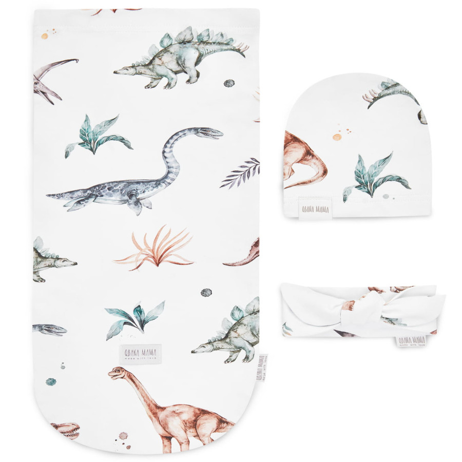 Zestaw BabyWrap Kokon + Czapeczka + Opaska Dinosaur / Qbana Mama