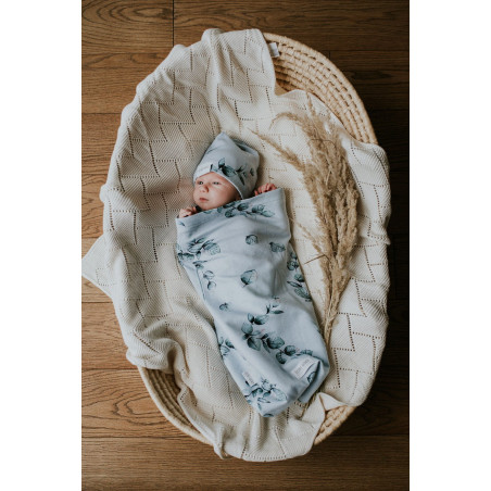 Zestaw BabyWrap Kokon + Czapeczka + Opaska Eukaliptus / Qbana Mama