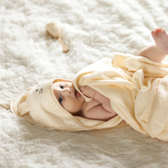 Ręczniczek bambusowy z kapturkiem i uszkami 100x100 cm Kremowy / Babyono