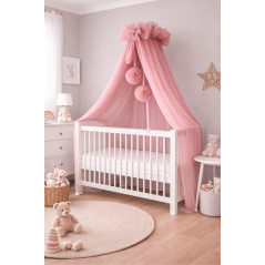 Baldachim do łóżeczka Tiul różowy + pompony / Camicco