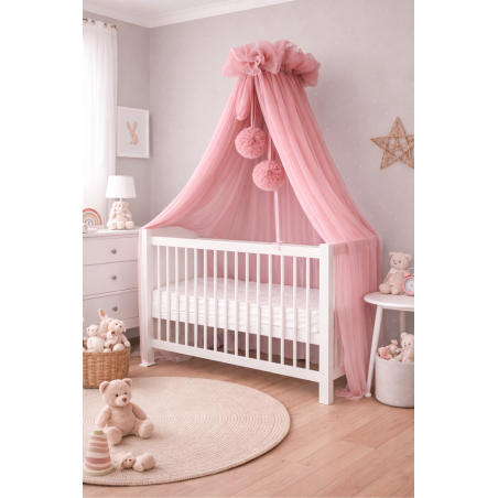Baldachim do łóżeczka Tiul różowy + pompony / Camicco