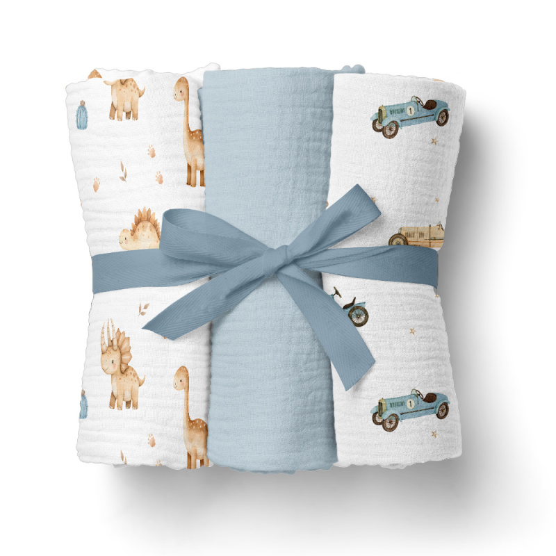 Pieluszki muślinowe 70x70 cm 3 szt. Niebieska + wzór / Bocioland Pieluszki muślinowe 70x70 cm 3 szt. Niebieska + wzór / Bocioland