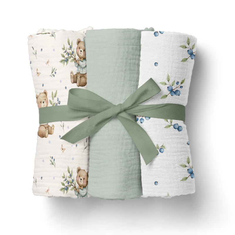 Pieluszki muślinowe 70x70 cm 3 szt. Zielona + wzór / Bocioland