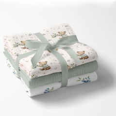 Pieluszki muślinowe 70x70 cm 3 szt. Zielona + wzór / Bocioland