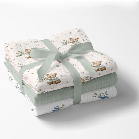 Pieluszki muślinowe 70x70 cm 3 szt. Zielona + wzór / Bocioland