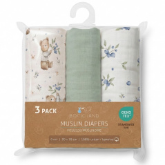 Pieluszki muślinowe 70x70 cm 3 szt. Zielona + wzór / Bocioland
