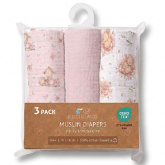 Pieluszki muślinowe 70x70 cm 3 szt. Różowa + wzór / Bocioland