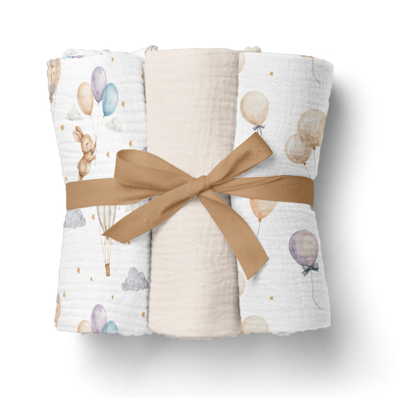 Pieluszki muślinowe 70x70 cm 3 szt. Beżowa + wzór / Bocioland