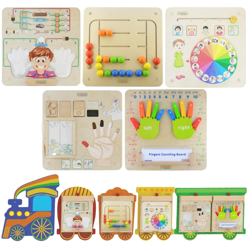 Zestaw 5 tablic manipulacyjno-naukowych + system montażu Pociąg / Masterkidz